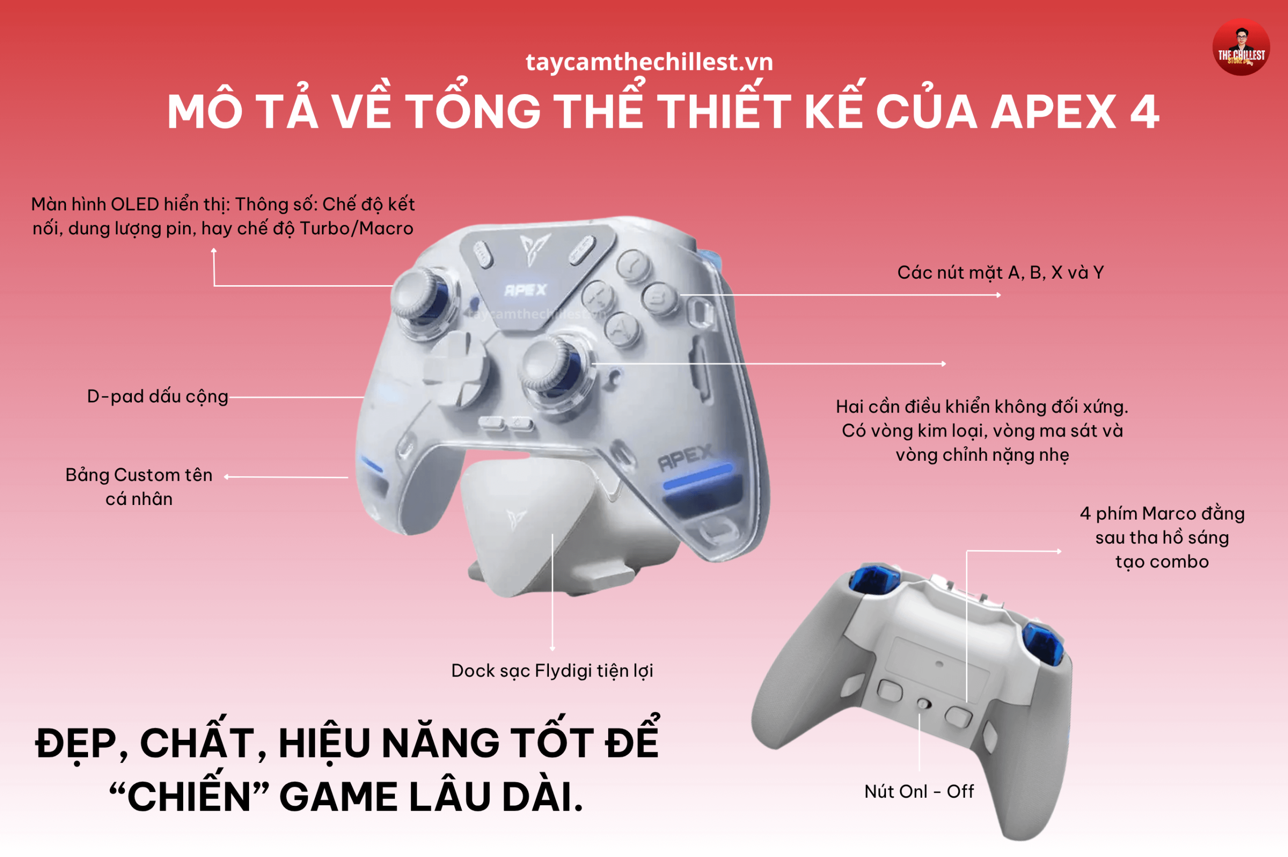Thiết kế tay cầm chơi game Flydigi Apex 4 công thái học, phím cơ 