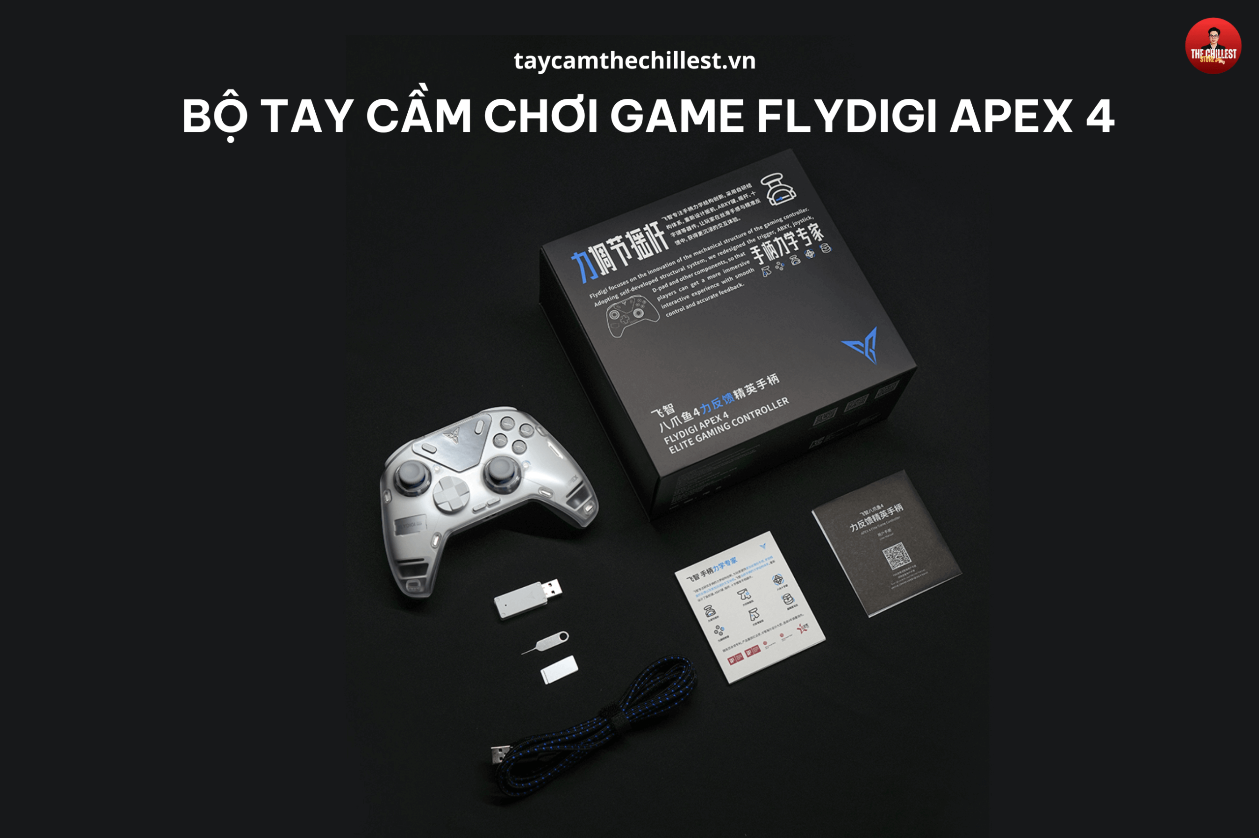 Bộ sản phẩm tay cầm chơi game Flydigi Apex 4 bao gồm 